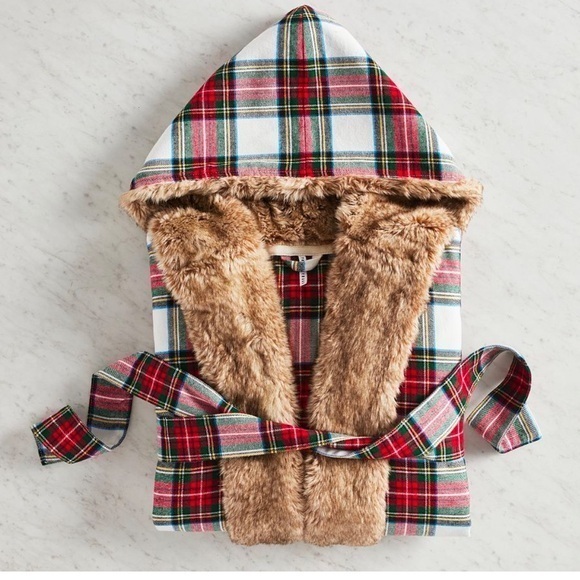 ▶️ Pottery Barn ◀️ Stewart Plaid flannel faux fur robe - Picture 1 of 16